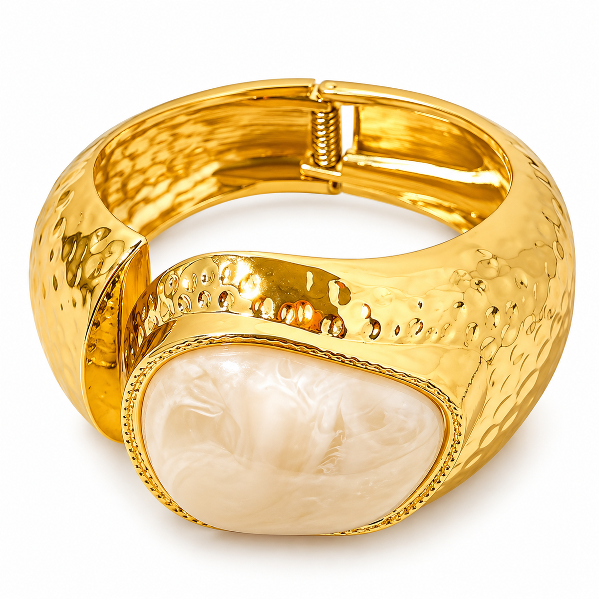 Gold cream stone hinged bracelet