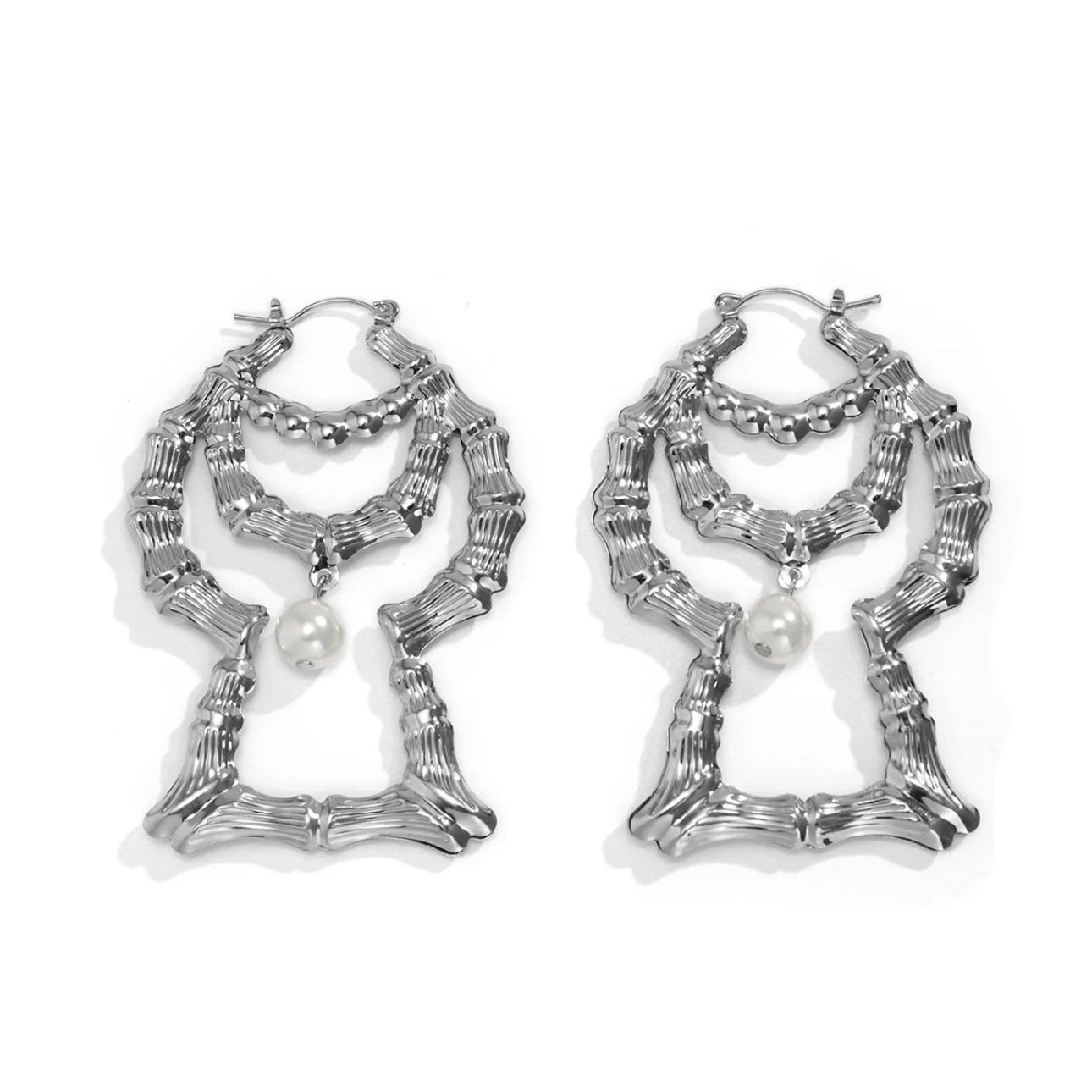 Silver Pearl Bamboo Earrings