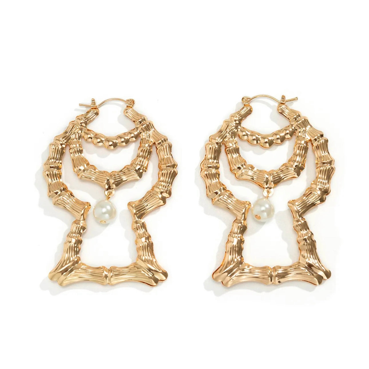 Gold Pearl Bamboo Earrings