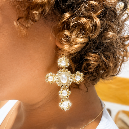 Pearl Vintage Cross Earrings