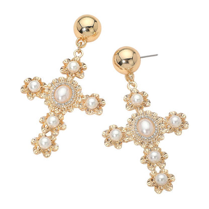 Pearl Vintage Cross Earrings