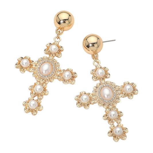 Pearl Vintage Cross Earrings