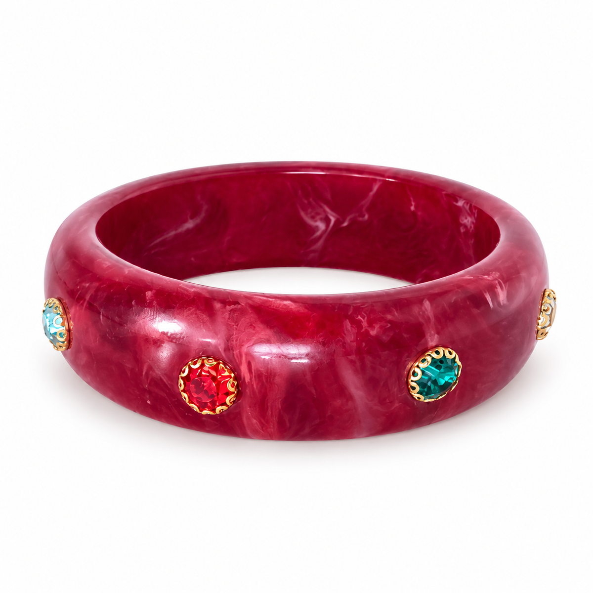 Burgundy marbled bangle with colorful round accents in gold-tone settings