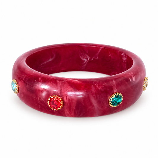 Burgundy marbled bangle with colorful round accents in gold-tone settings